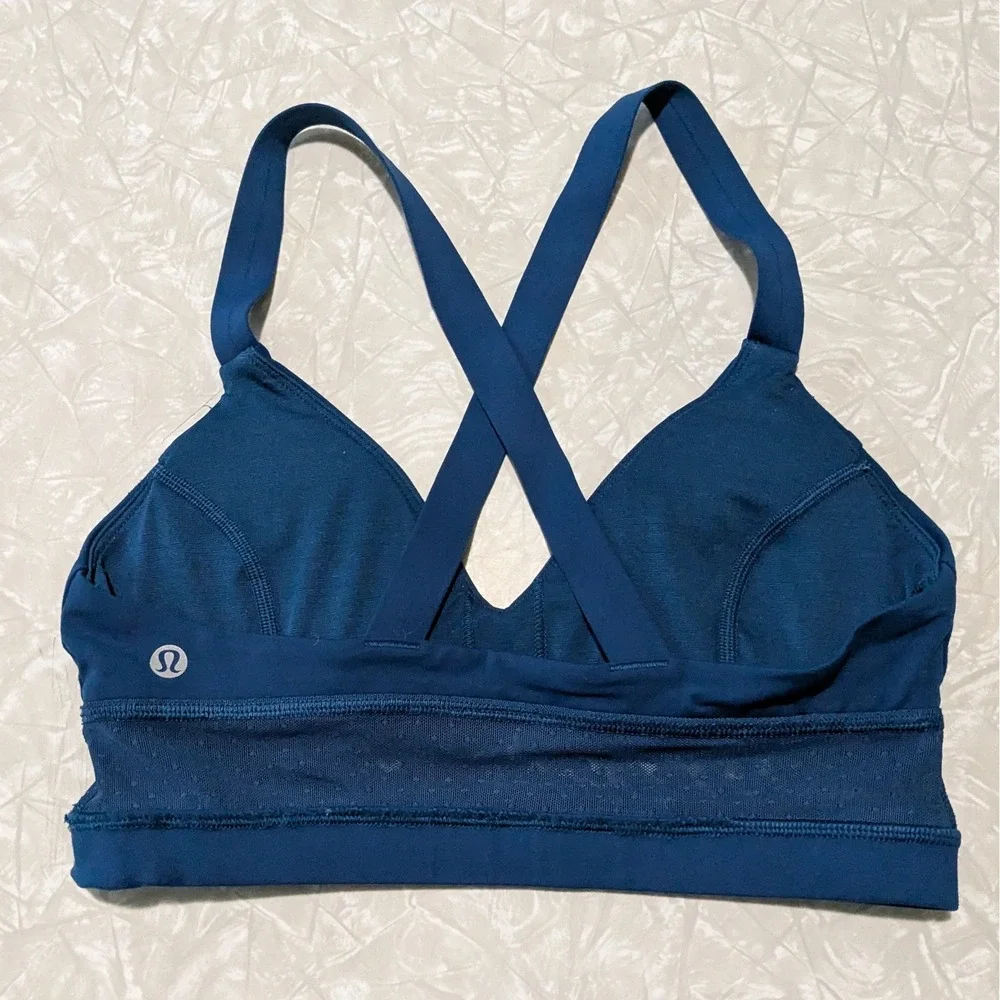 Lululemon Body Con Poseidon Teal Blue Cross Back Mesh Longline Sports Bra Sz 4 - Picture 4 of 6